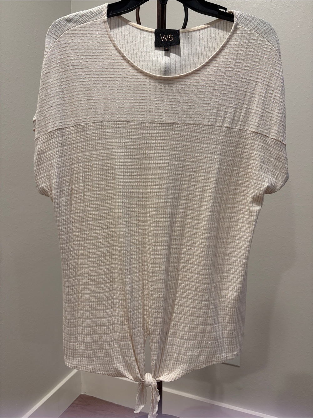 W5 Cream Short Sleeve Tie-Front Waffle Knit Top